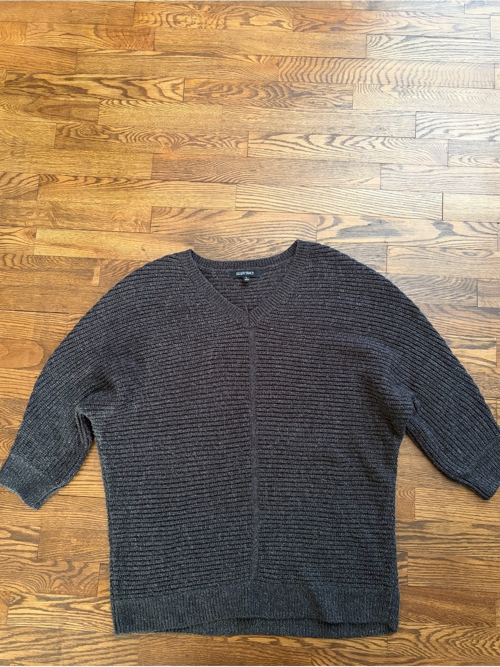 Ellen Tracy Sweater Women Large Dark Gray Knit 3/4 Dolman Sleeve V Neck Pullover